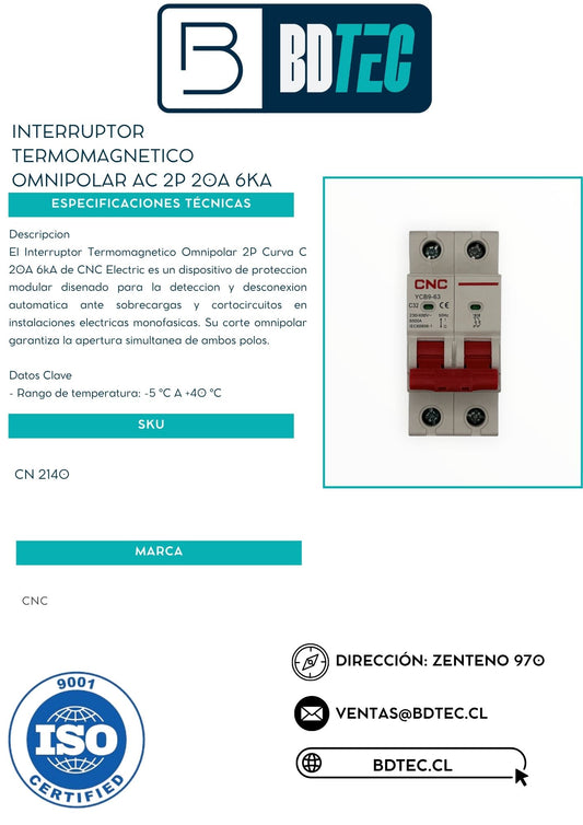 Interruptor termomagnetico omnipolar ac 2p 20a 6ka