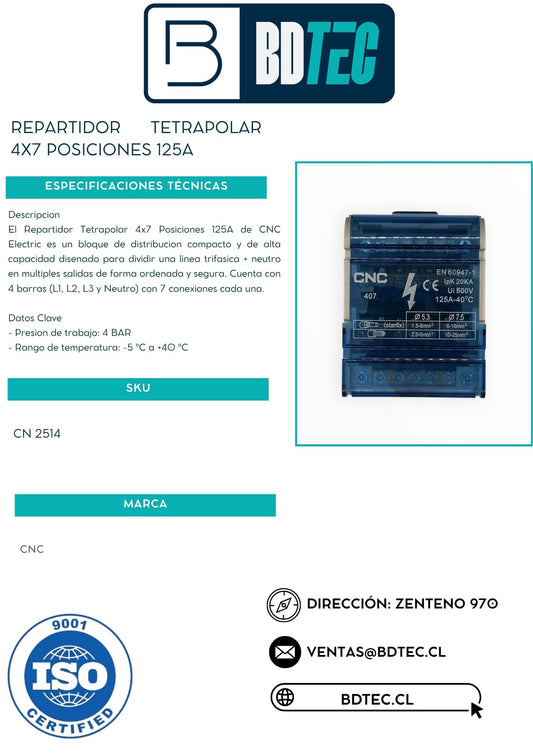 Repartidor tetrapolar 4x7 posiciones 125a