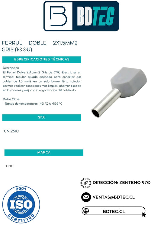 Ferrul doble 2x1.5mm2 gris (100u)