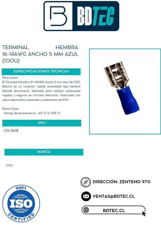 Terminal hembra 16~14awg ancho 5 mm azul (100u)