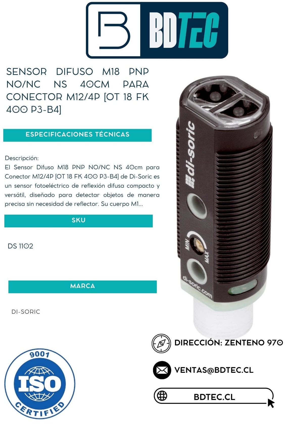 Sensor difuso M18, PNP, NO/NC, sn 40 cm, para conector M12/4P DI-SORIC - vista 2