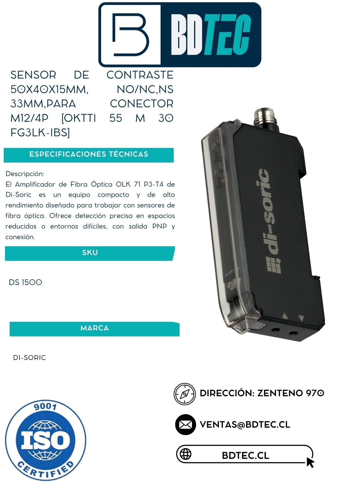 Amplificador de fibra óptica, PNP, para conector M8 4 pines