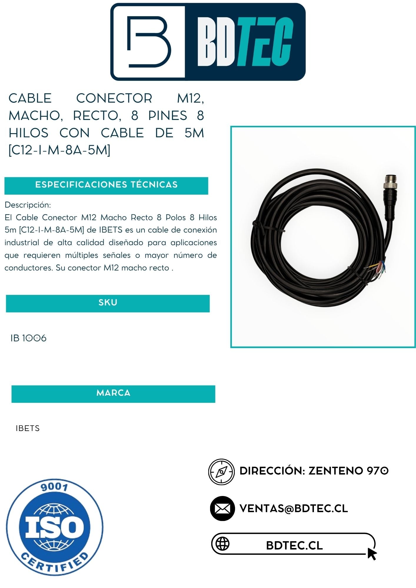 Cable conector M12, macho, recto, 8 pines 8 hilos con cable de 5 m
