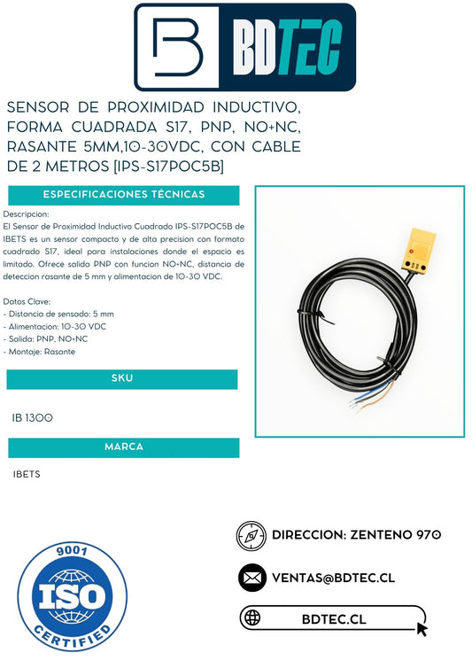 Sensor de proximidad inductivo, forma cuadrada S17, PNP, NO+NC, rasante 5 mm, 10-30 VDC, cable 2 m IBEST IPS-S17POC5B - vista 2