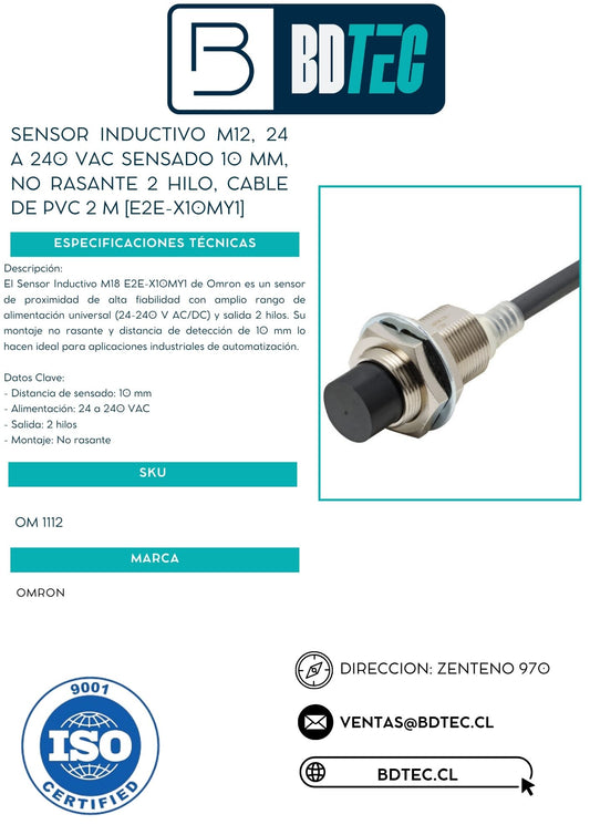 Sensor inductivo M12, 24 a 240 VAC sensado 10 mm, no rasante 2 hilos, cable de PVC 2 m OMRON E2E-X10MY1 - vista 2