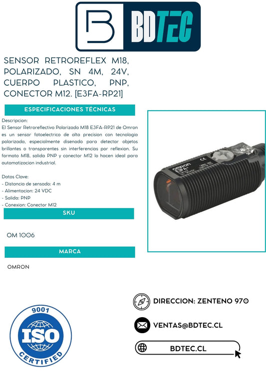 Sensor retrorreflex M18, polarizado, sn 4 m, PNP, conector M12 OMRON E3FA-RP21 - vista 2