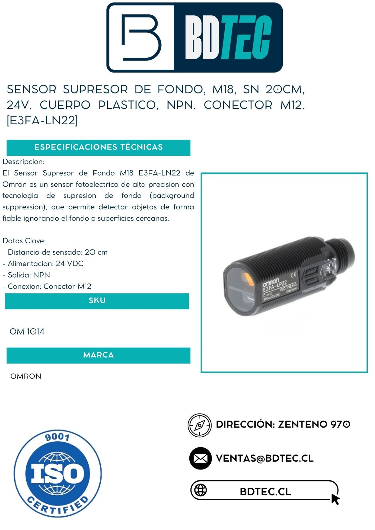 Sensor supresor de fondo, M18, sn 20 cm, NPN, conector M12 OMRON E3FA-LN22 - vista 2