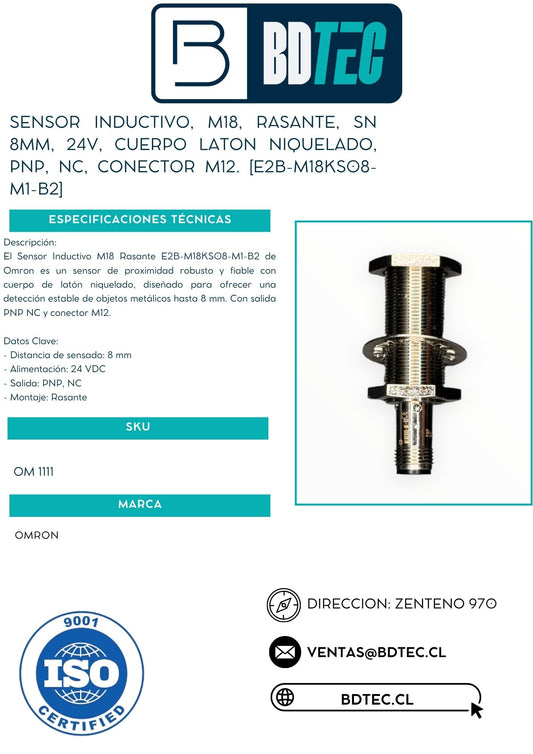 Sensor inductivo, M18, rasante, sn 8 mm, PNP, NC, conector M12 OMRON E2B-M18KS08-M1-B2 - vista 2