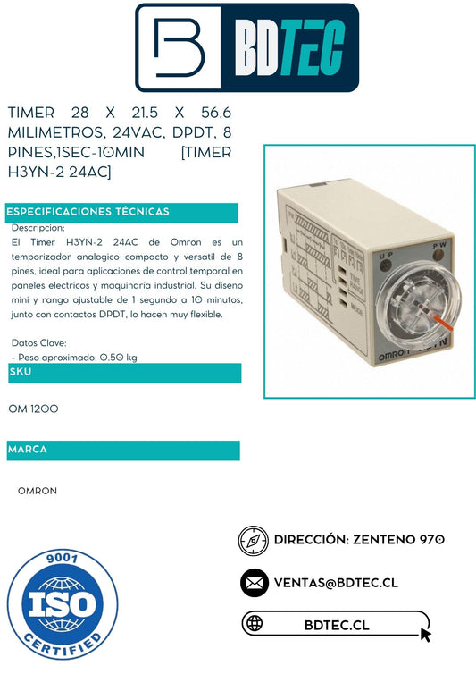 Timer 28 x 21.5 x 56.6 milímetros, 24 VAC, DPDT, 8 pines, 0,1 s-10 min OMRON H3YN-2 24AC - vista 2