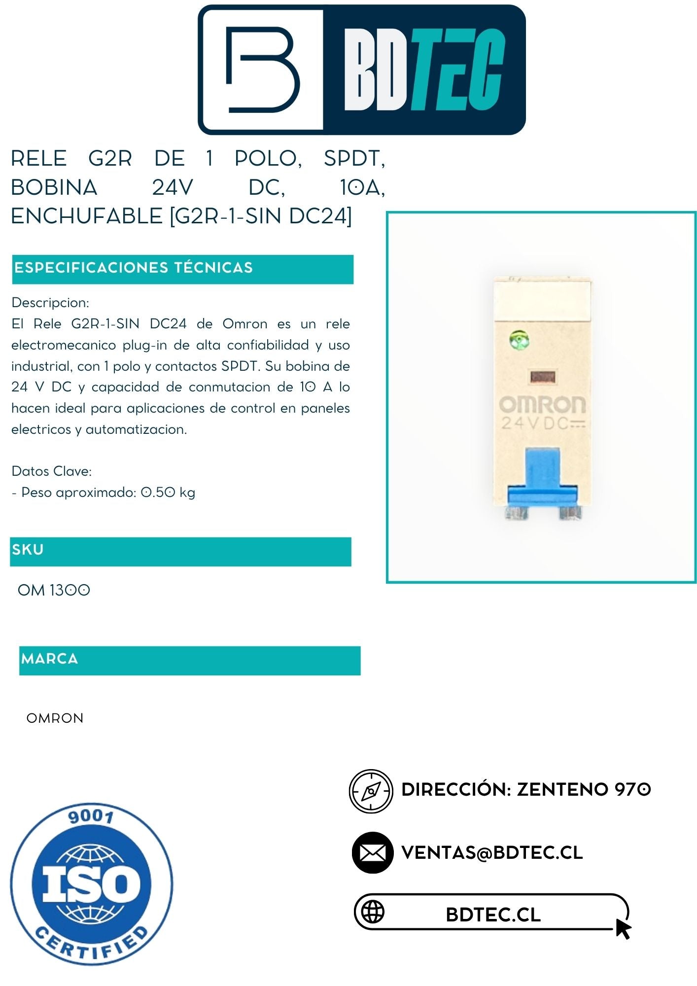 Relé de 1 polo, SPDT, bobina 24 V DC, 10 A, enchufable