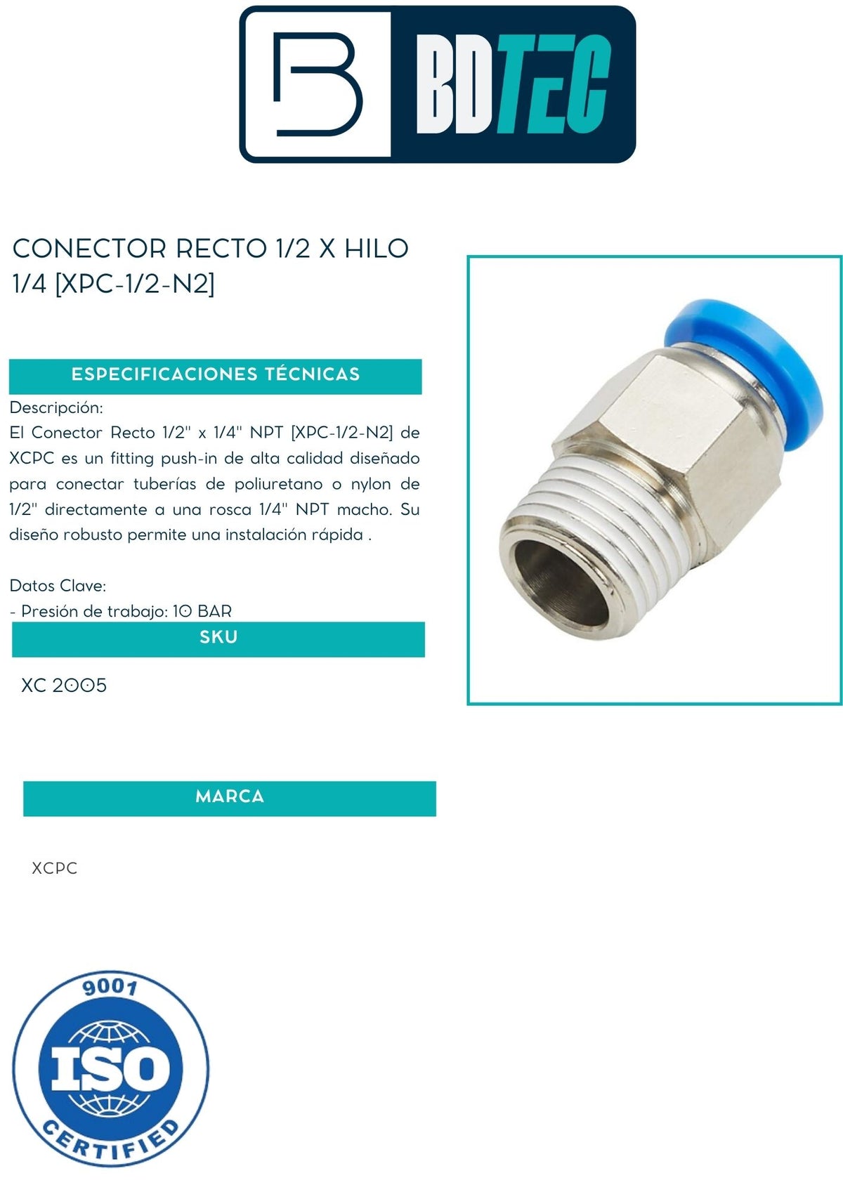 Conector neumático recto 1/2 x hilo 1/4 XCPC XPC-1/2-N2 - vista 2