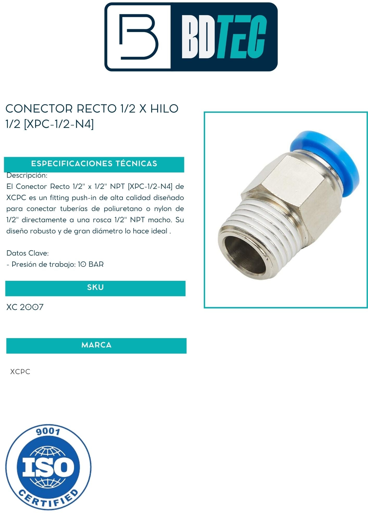 Conector neumático recto 1/2 x hilo 1/2