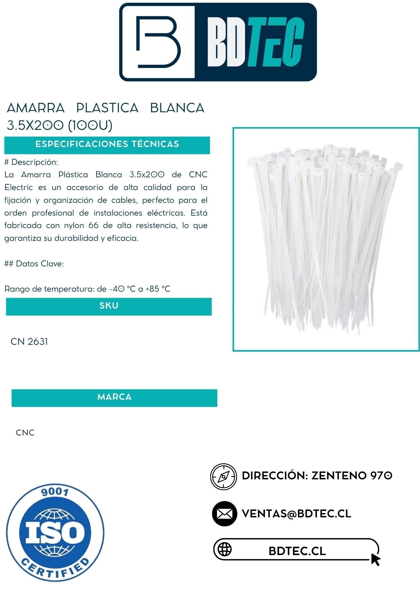 Amarra plástica blanca BDTecnologia de 3.5x200 mm fabricada en nylon 66 para organización de cables