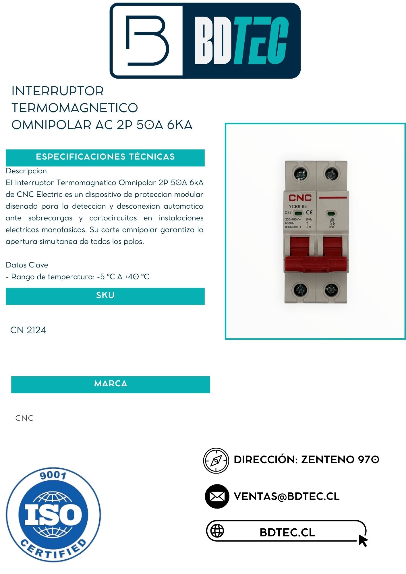 Interruptor termomagnetico omnipolar ac 2p 50a 6ka