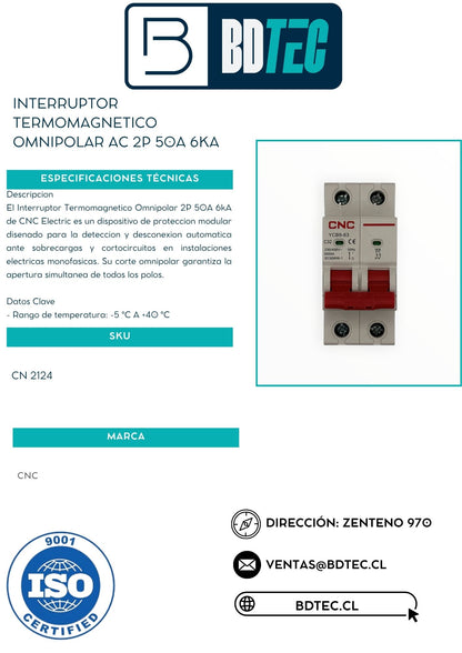Interruptor termomagnetico omnipolar ac 2p 50a 6ka