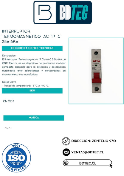 Interruptor termomagnetico ac 1p c 25a 6ka
