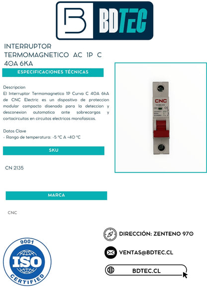 Interruptor termomagnetico ac 1p c 40a 6ka