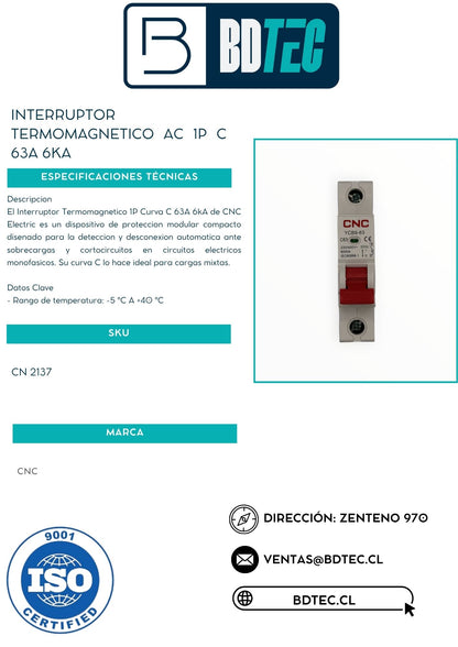 Interruptor termomagnetico ac 1p c 63a 6ka