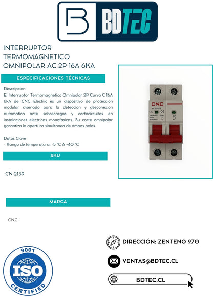 Interruptor termomagnetico omnipolar ac 2p 16a 6ka