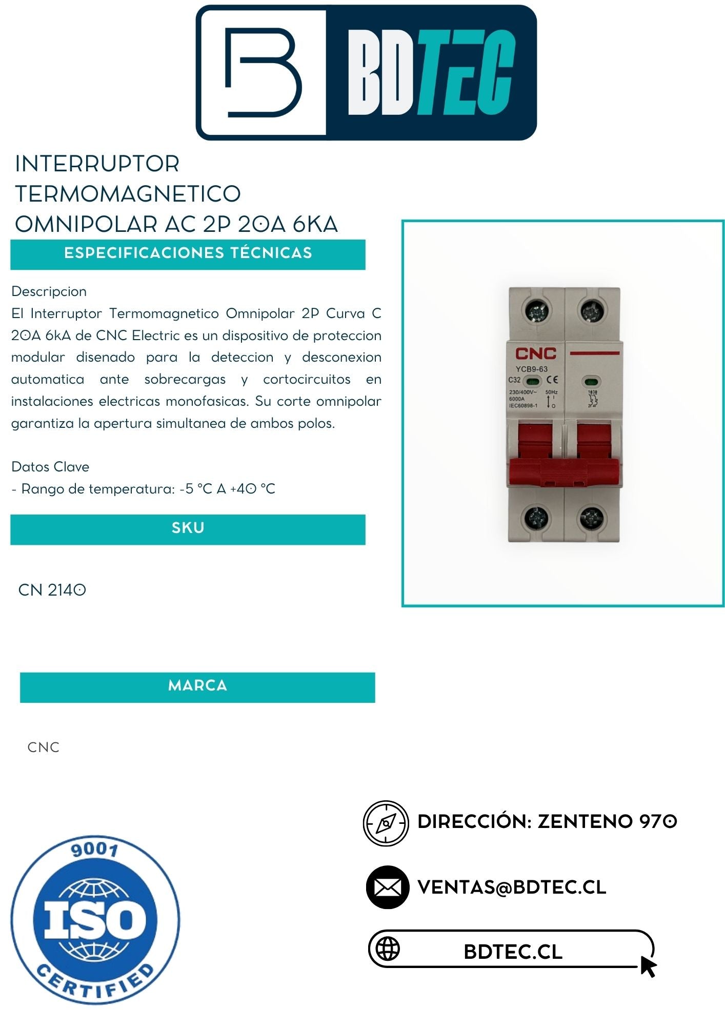 Interruptor termomagnetico omnipolar ac 2p 20a 6ka