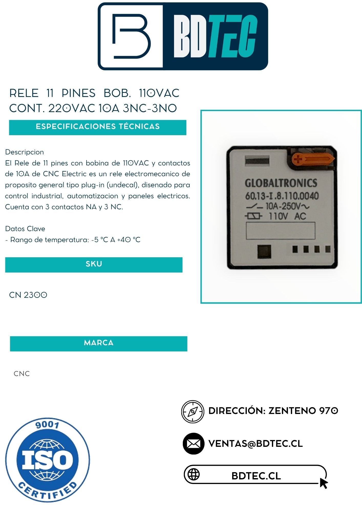 Rele 11 pines bob. 110vac cont. 220vac 10a 3nc-3no