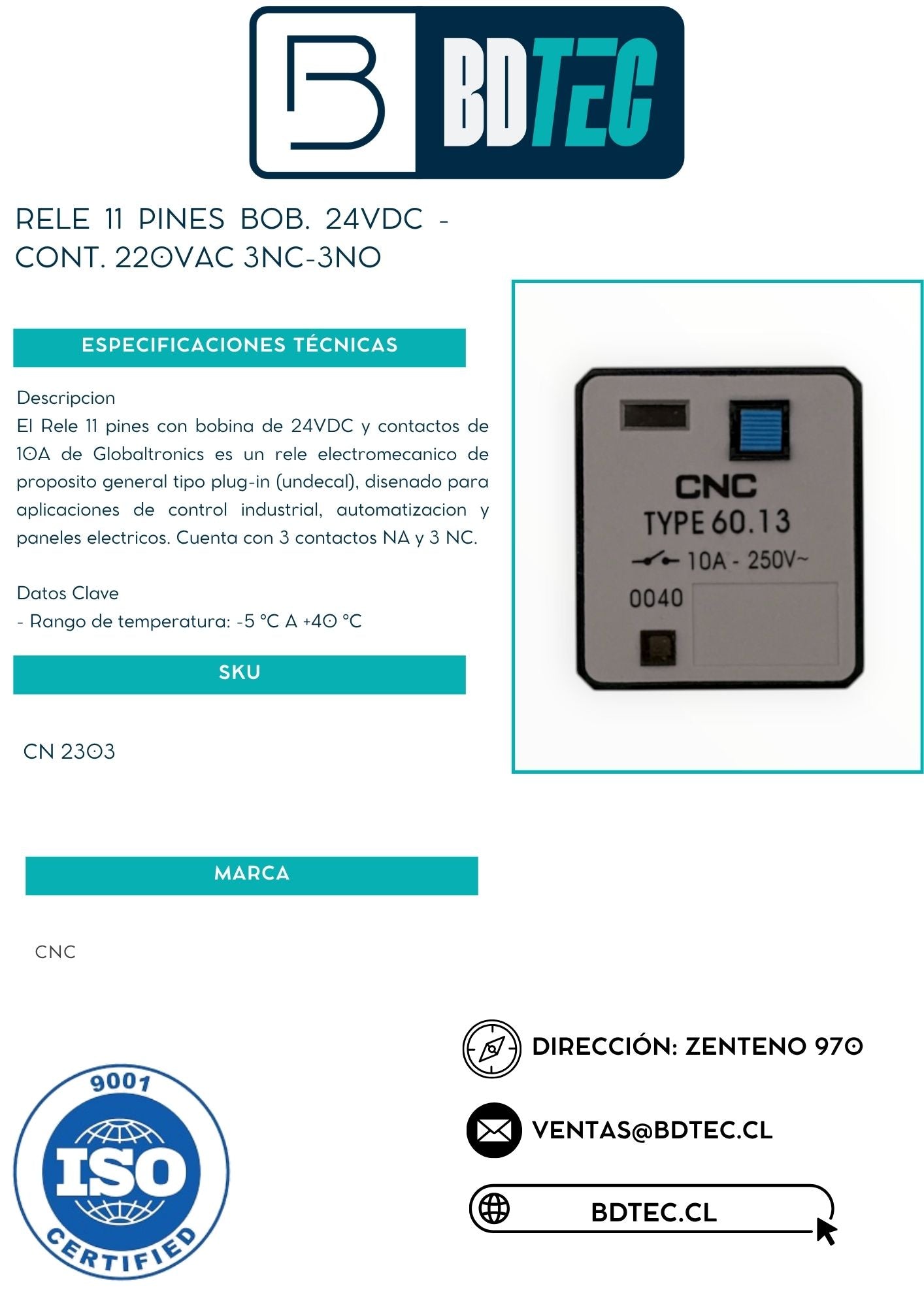 Rele 11 pines bob. 24vdc - cont. 220vac 3nc-3no