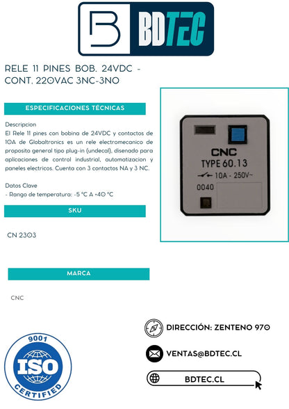 Rele 11 pines bob. 24vdc - cont. 220vac 3nc-3no