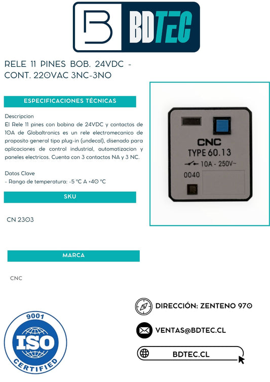 Rele 11 pines bob. 24vdc - cont. 220vac 3nc-3no