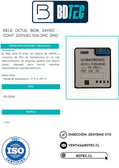 Rele octal bob. 24vdc - cont. 220vac 10a 2nc-2no