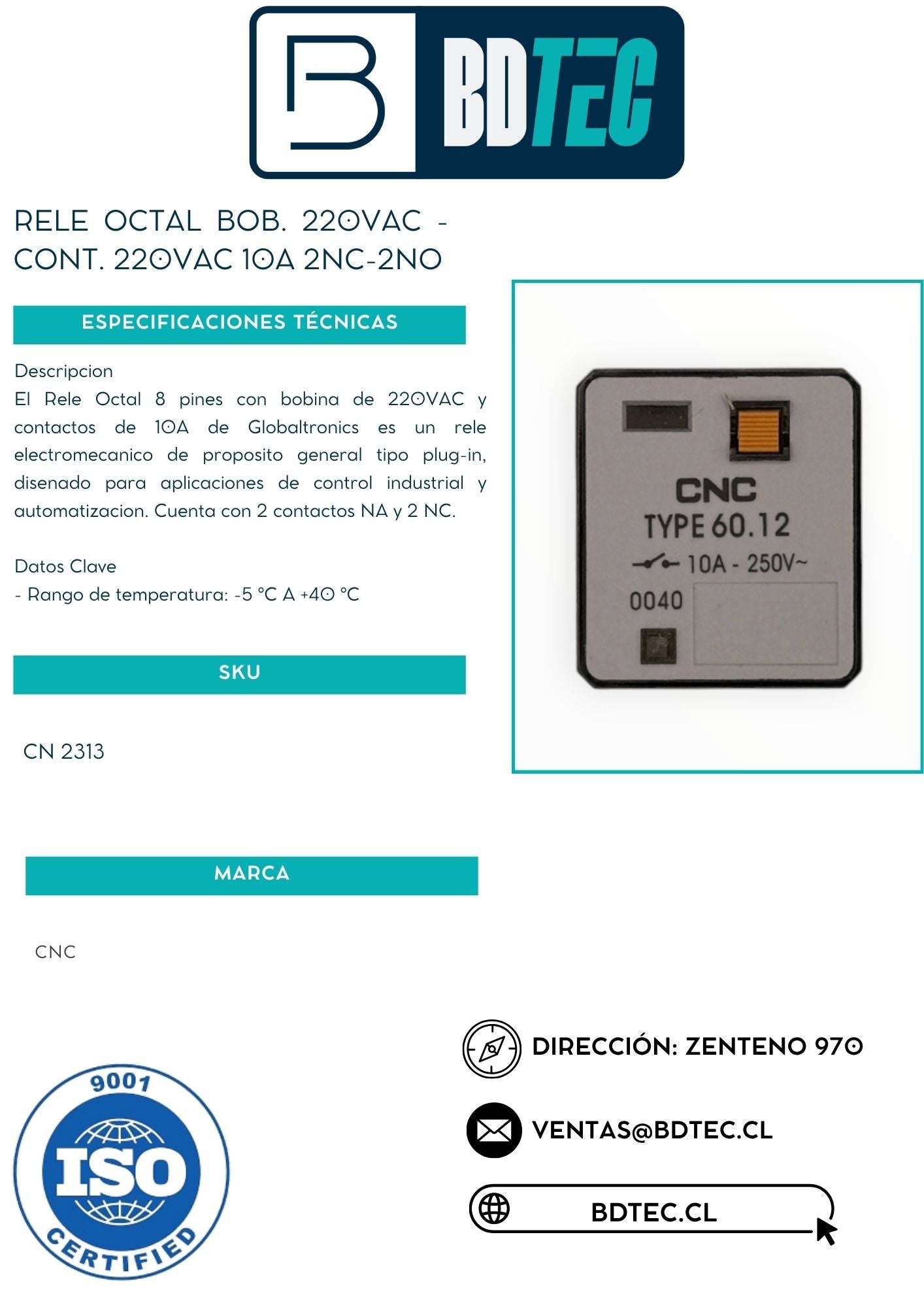 Rele octal bob. 220vac - cont. 220vac 10a 2nc-2no