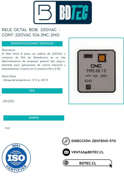 Rele octal bob. 220vac - cont. 220vac 10a 2nc-2no