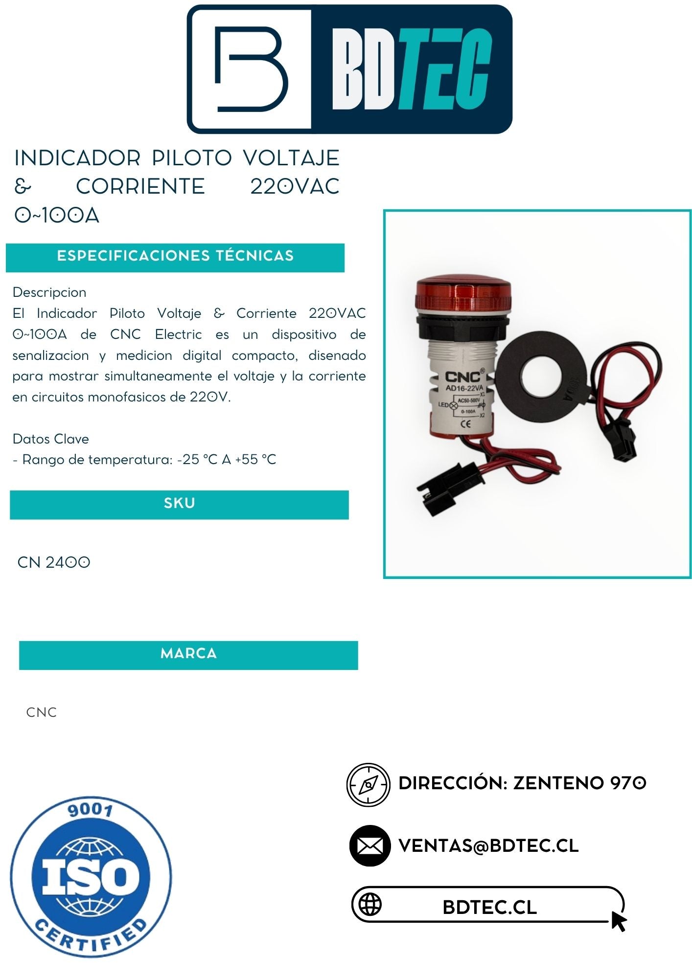 Indicador piloto voltaje & corriente 220vac 0~100a