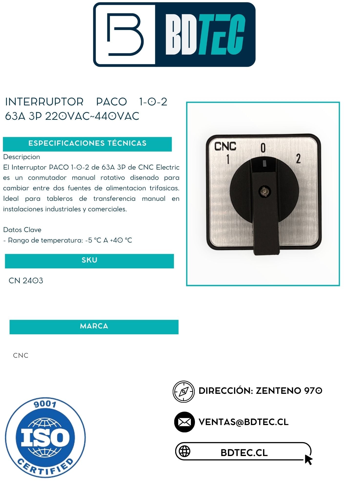 Interruptor paco 1-0-2 63 A 3P 220 VAC - 440 VAC