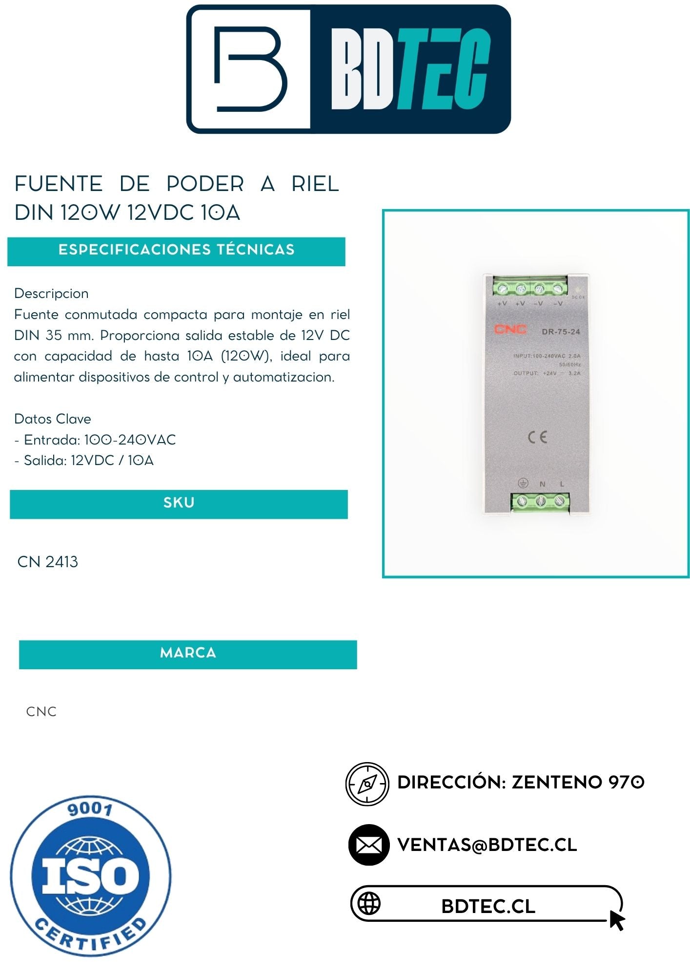 Fuente de poder a riel DIN 120 W 12 VDC 10 A