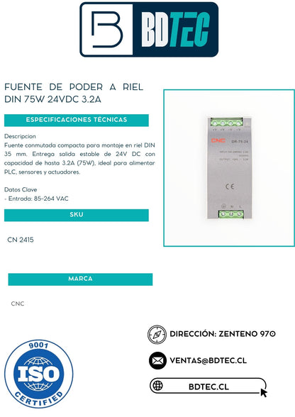 Fuente de poder a riel din 75w 24vdc 3.2a