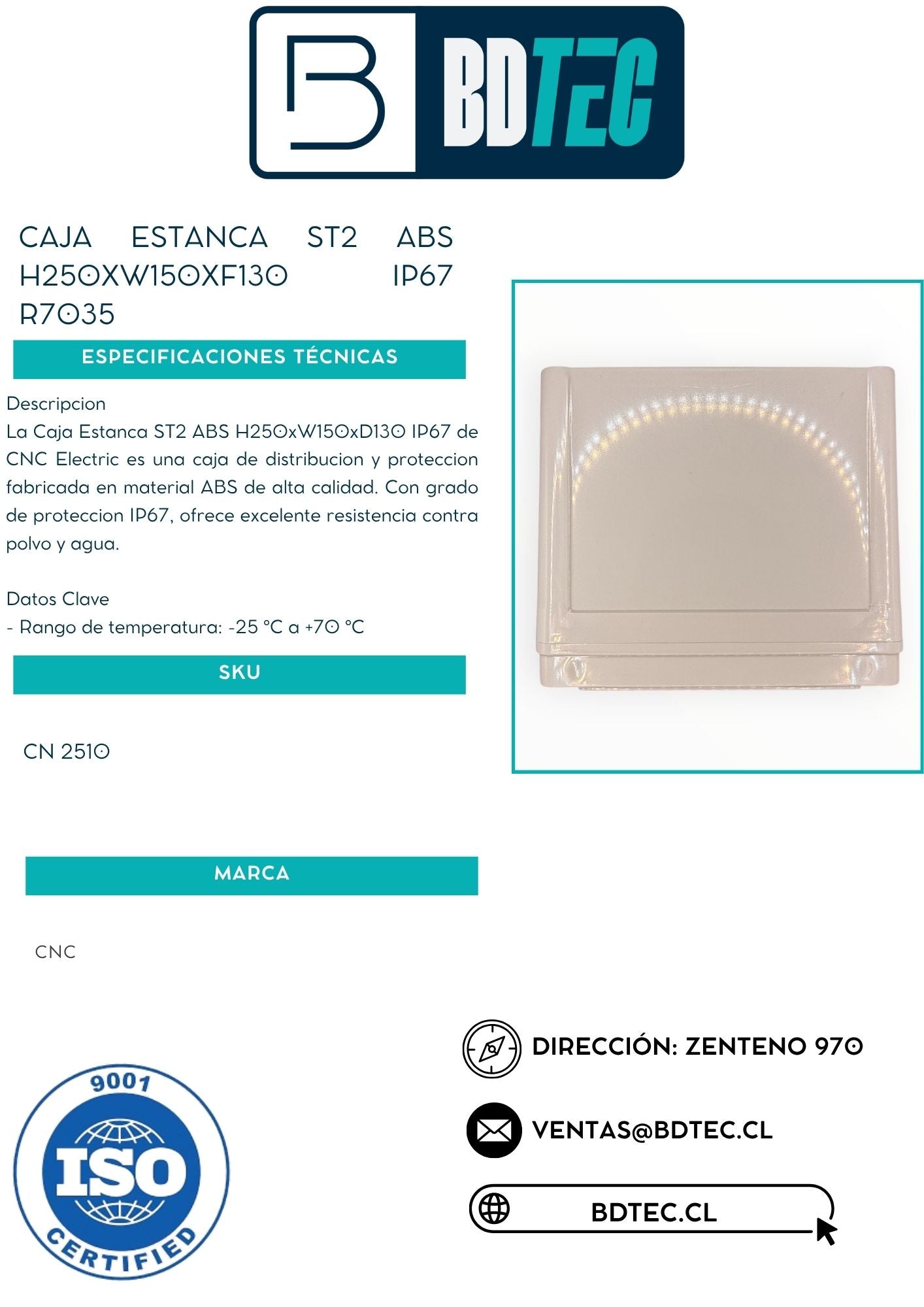 Caja estanca st2 abs h250xw150xf130 ip67 r7035