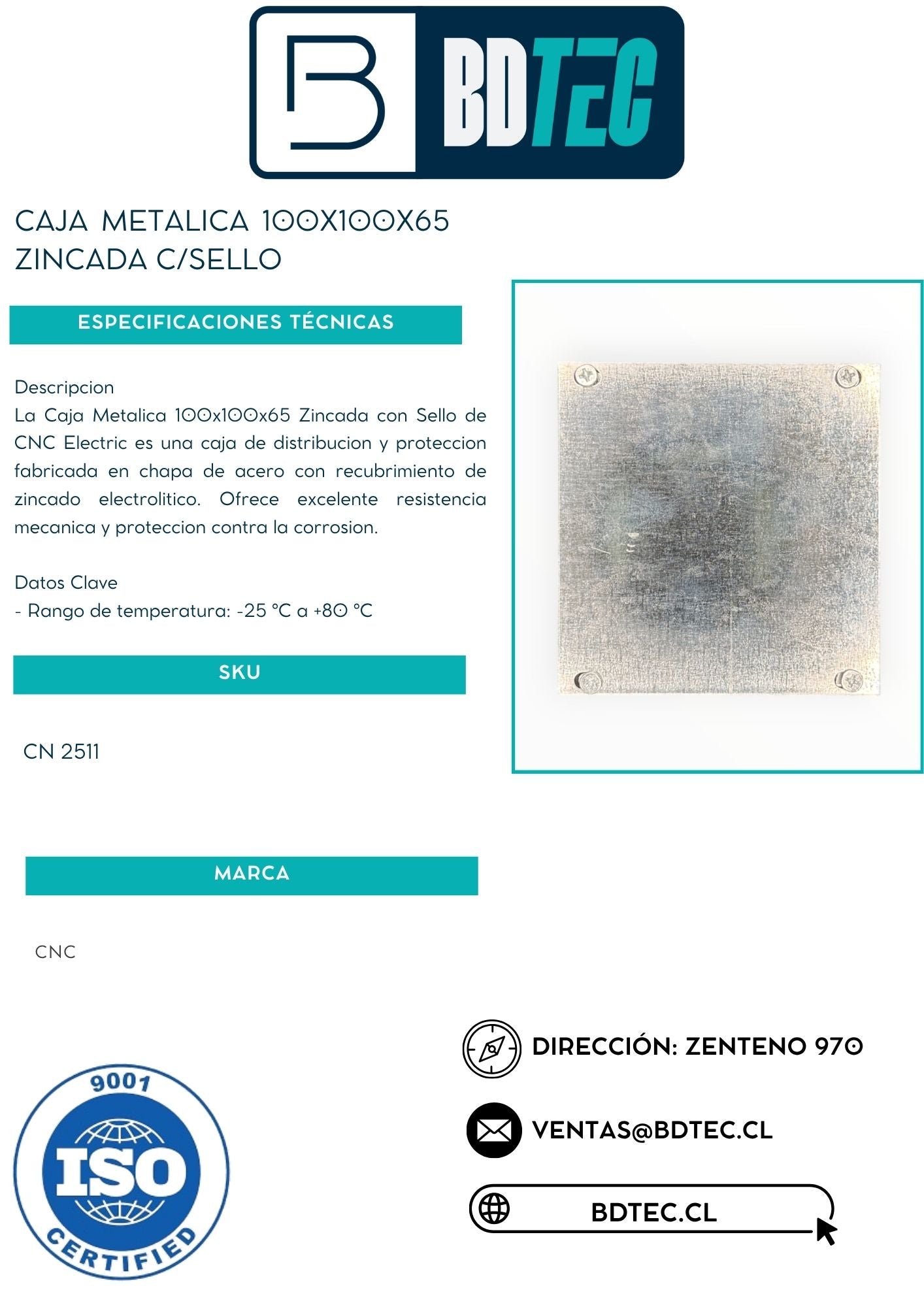 Caja metalica 100x100x65 zincada c/sello