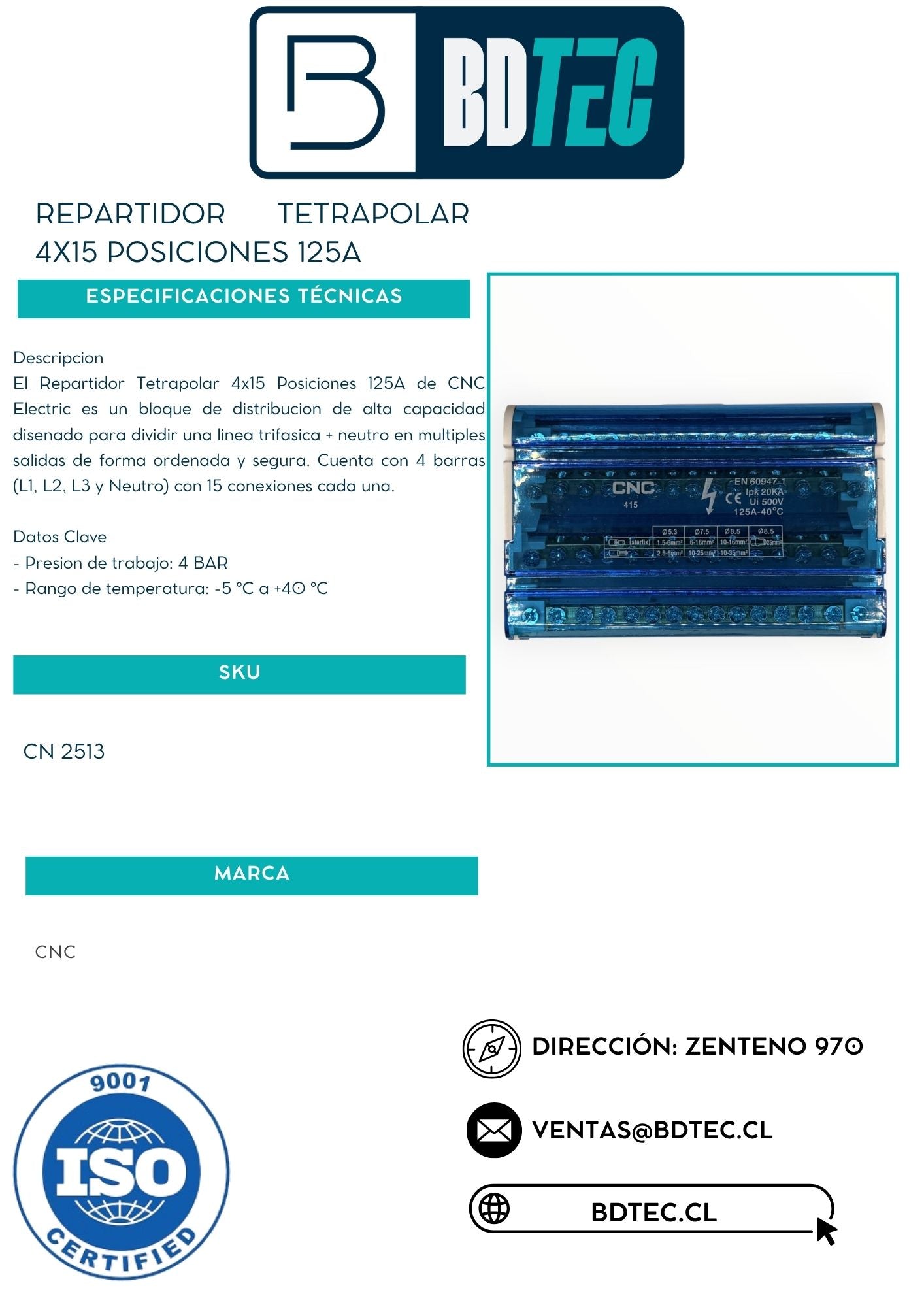 Repartidor tetrapolar 4x15 posiciones 125a