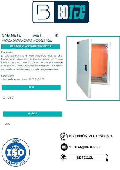 Gabinete met. 1p 400x300x200 7035 ip66