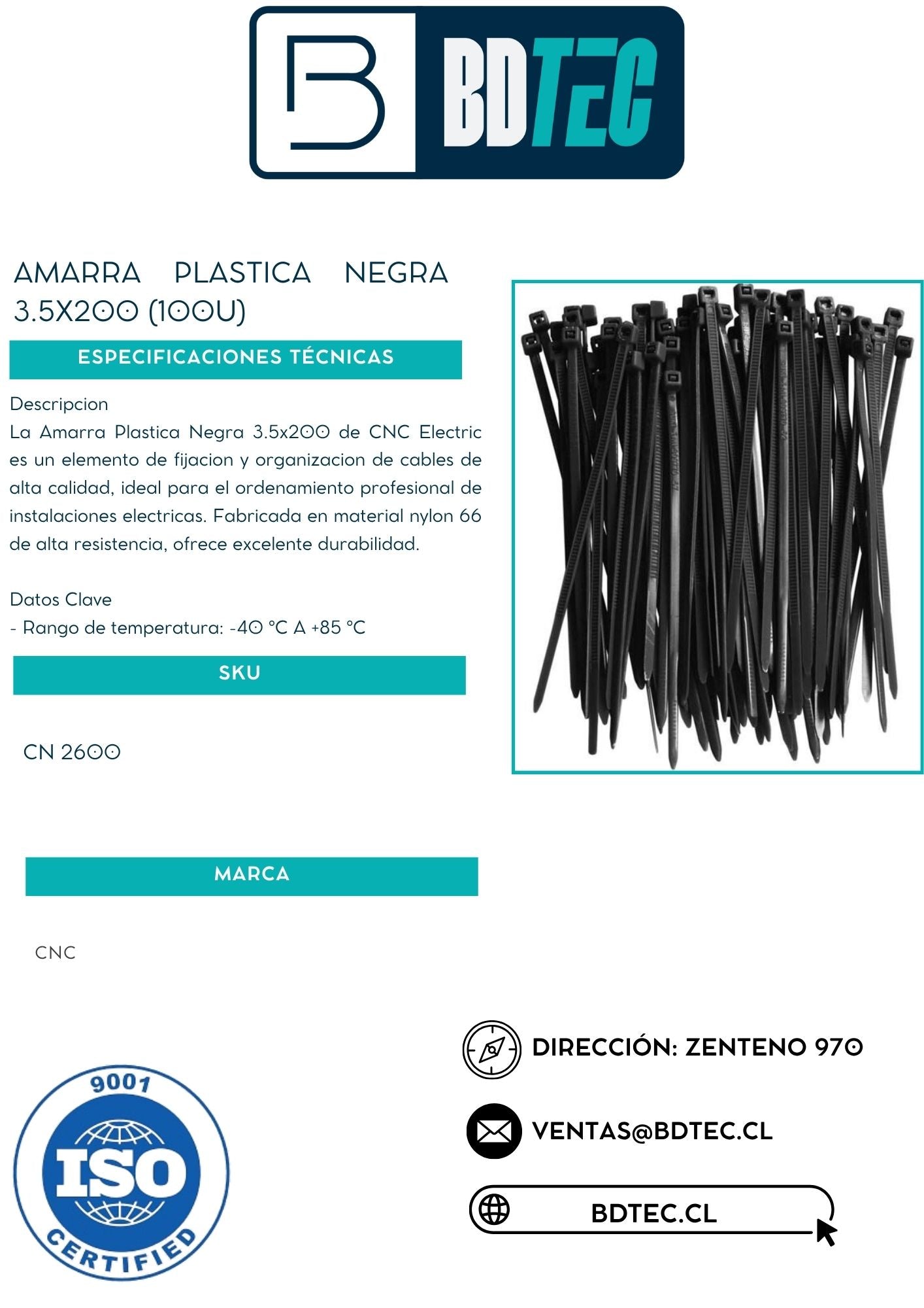 Amarra plastica negra 4mm x 250mm (100u)