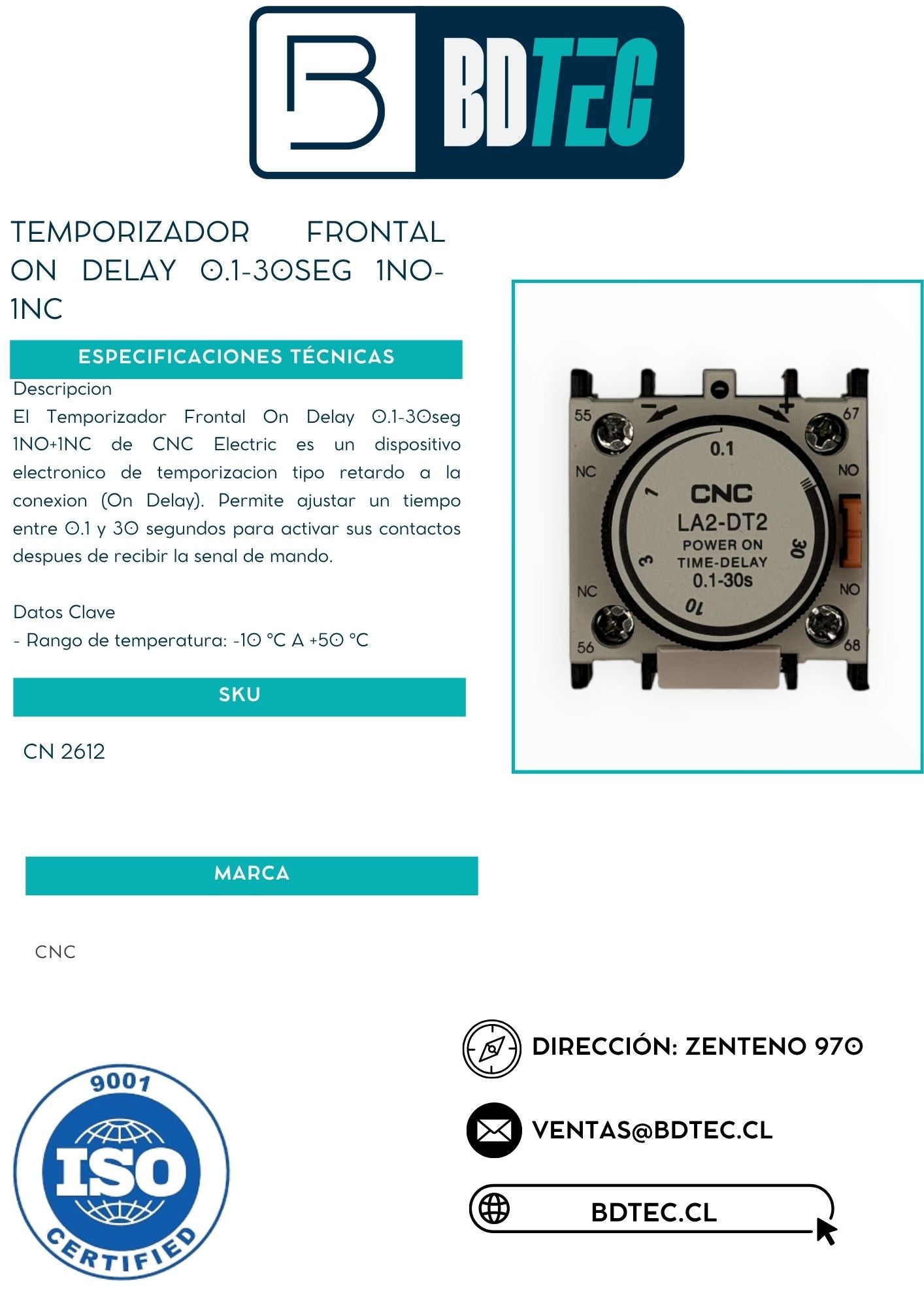Temporizador frontal ON delay 0.1-30seg 1NO-1NC