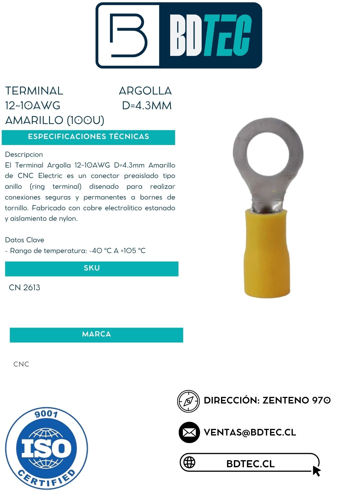 Terminal argolla 12~10awg d=4.3mm amarillo (100u)