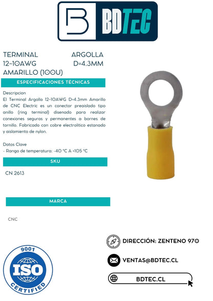Terminal argolla 12~10awg d=4.3mm amarillo (100u)