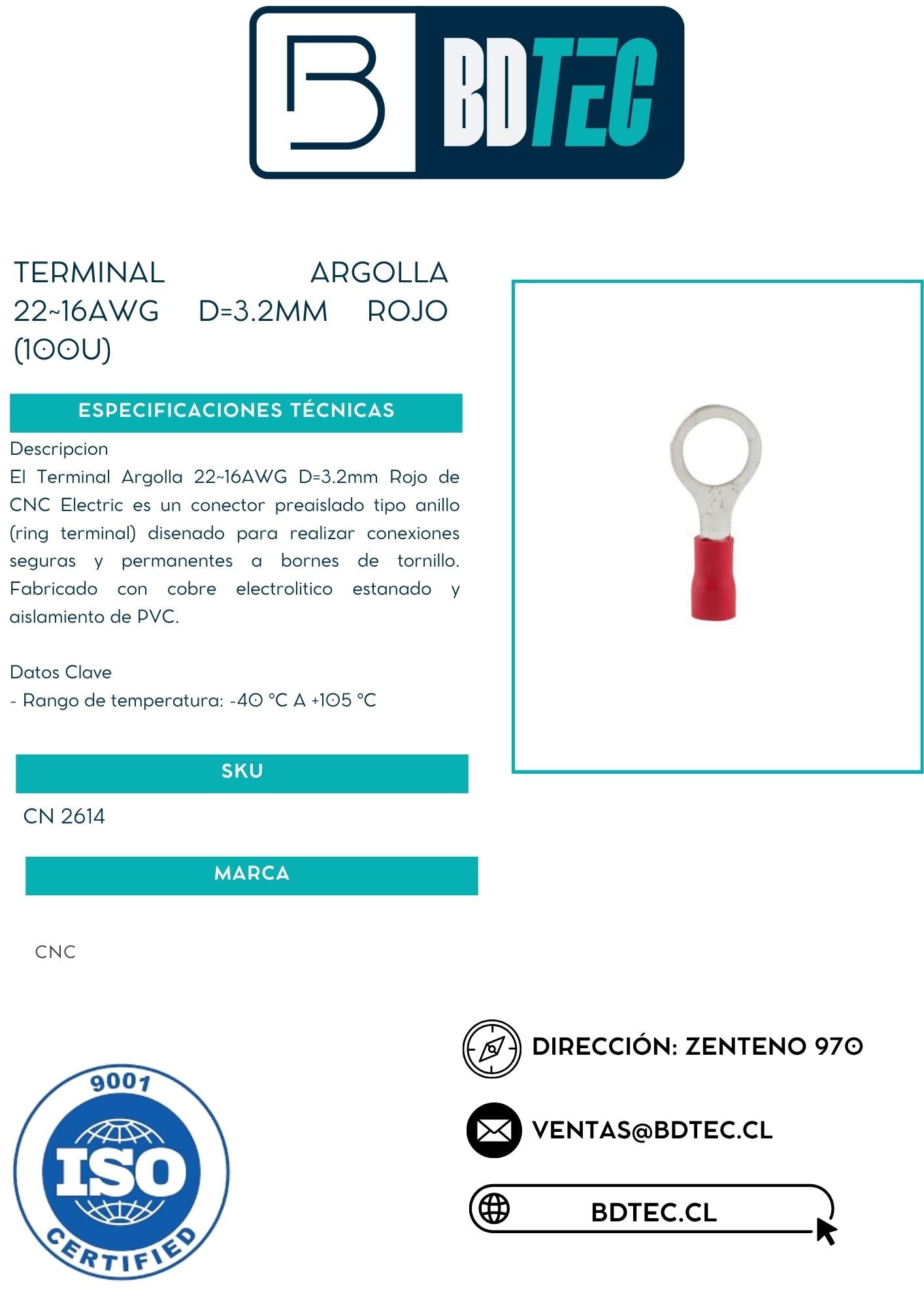 Terminal argolla 22~16awg d=3.2mm rojo (100u)
