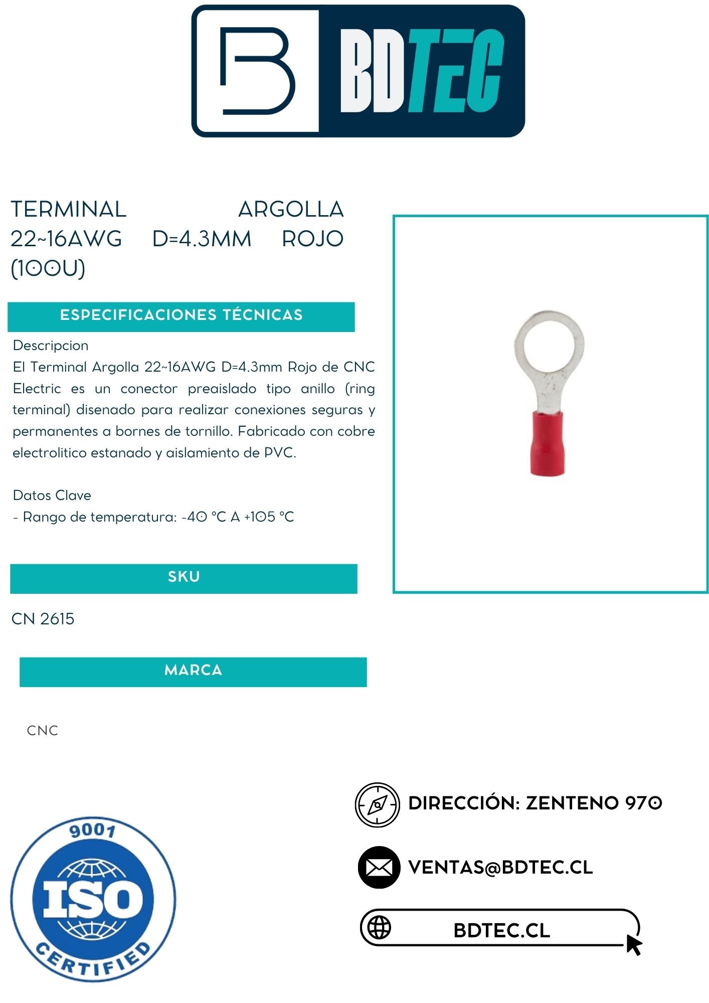 Terminal argolla 22~16awg d=4.3mm rojo (100u)