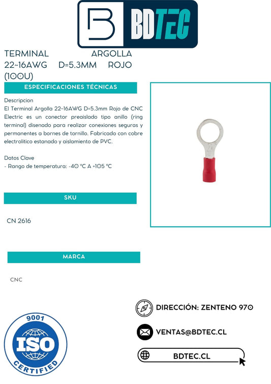 Terminal argolla 22~16awg d=5.3mm rojo (100u)