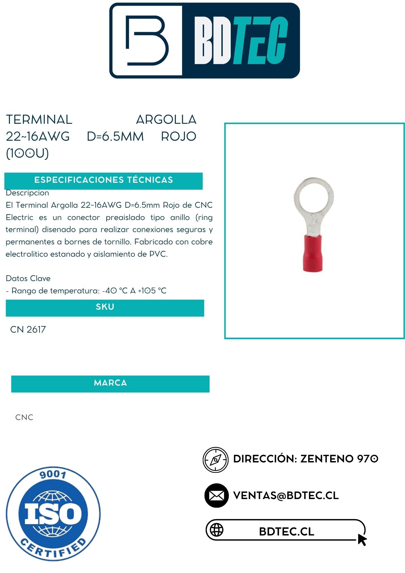 Terminal argolla 22~16awg d=6.5mm rojo (100u)