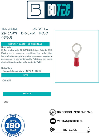 Terminal argolla 22~16awg d=6.5mm rojo (100u)