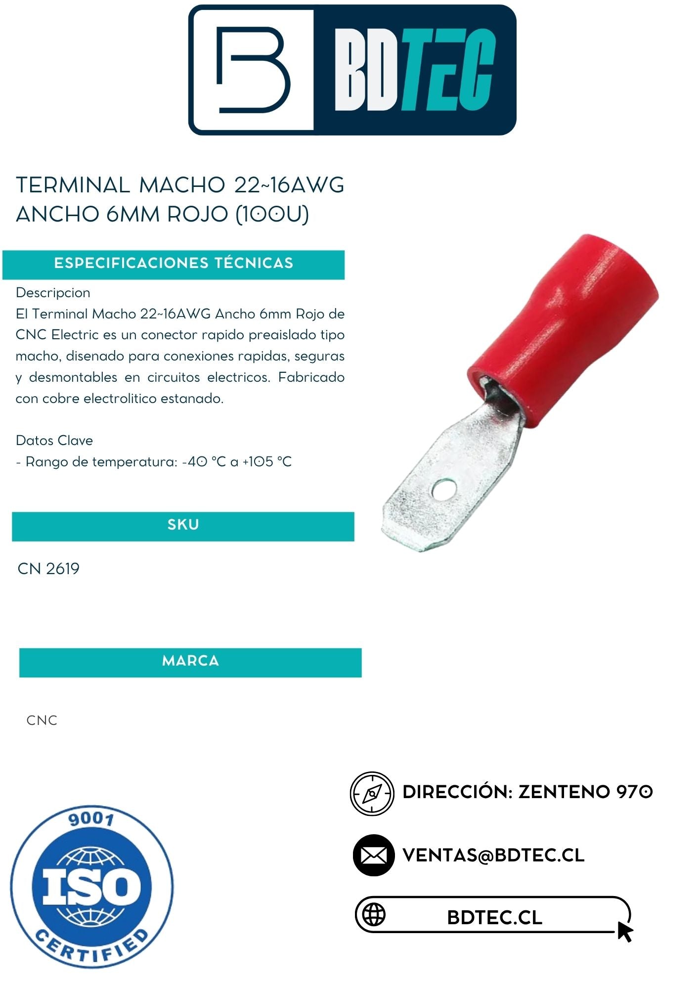 Terminal macho 22 - 16 AWG ancho 6 mm rojo (100u)