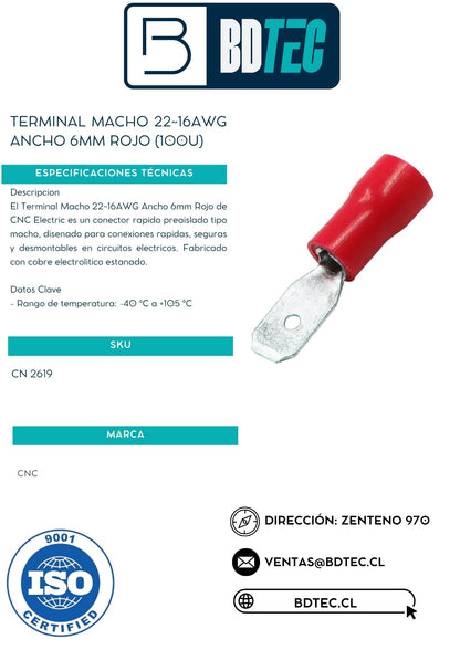 Terminal macho 22 - 16 AWG ancho 6 mm rojo (100u)